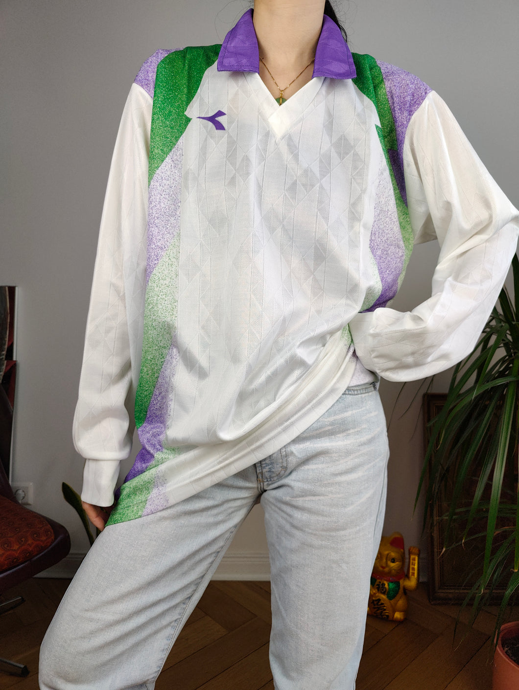 Vintage Diadora long sleeve shirt sport football jersey tricot white purple unisex men L