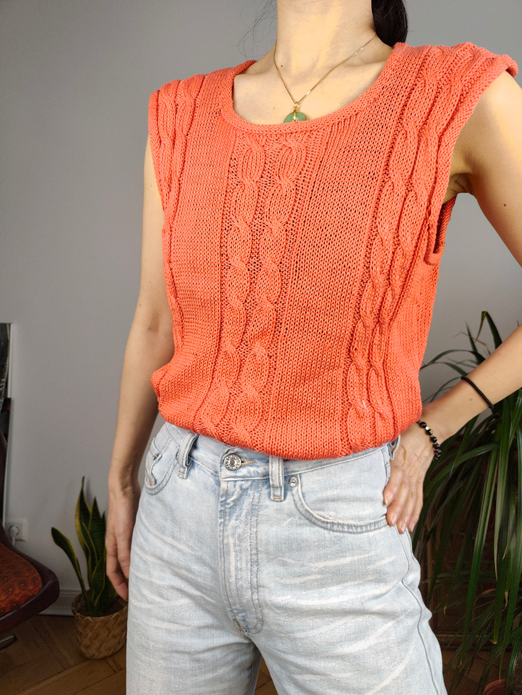 Vintage crochet top orange sleeveless cable knit knitted women S