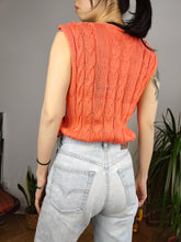 Load image into Gallery viewer, Vintage crochet top orange sleeveless cable knit knitted women S
