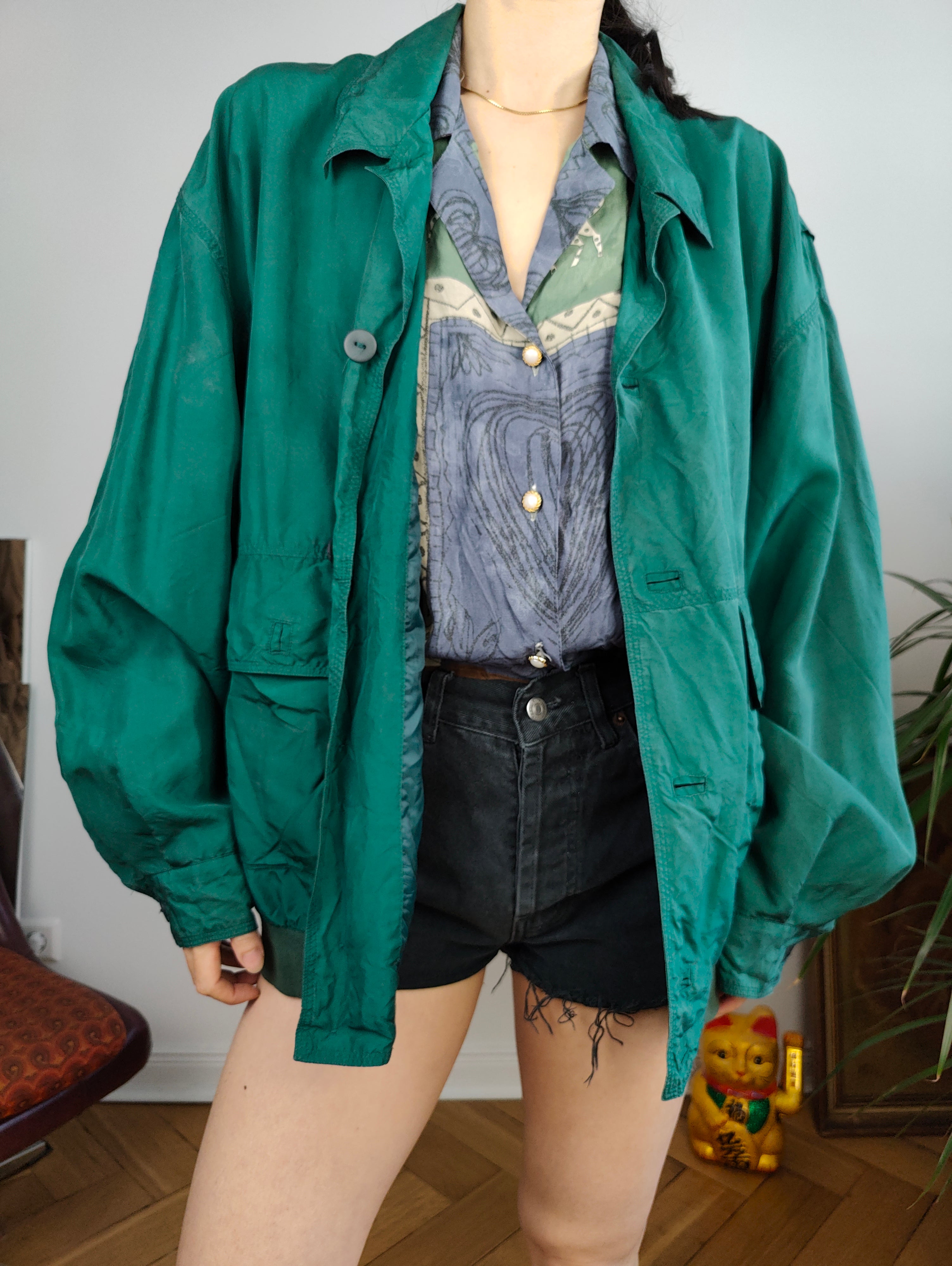 Vintage 90s silk bomber jacket blouson green light spring summer 