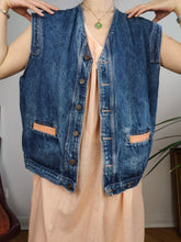 Load image into Gallery viewer, Vintage Wampum denim sleeveless vest jeans blue waist coat jacket women men unisex L
