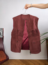 Load image into Gallery viewer, Vintage leather fringes sleeveless vest burgundy red suede waist coat jacket women 44 M-L
