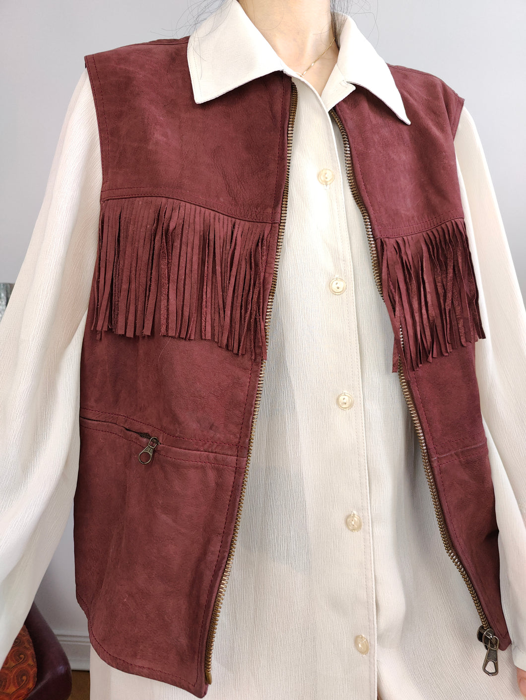 Vintage leather fringes sleeveless vest burgundy red suede waist coat jacket women 44 M-L