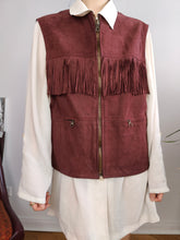 Load image into Gallery viewer, Vintage leather fringes sleeveless vest burgundy red suede waist coat jacket women 44 M-L
