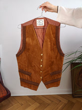 Load image into Gallery viewer, Vintage faux leather sleeveless vest boho brown tan suede waist coat jacket women Caldarell M
