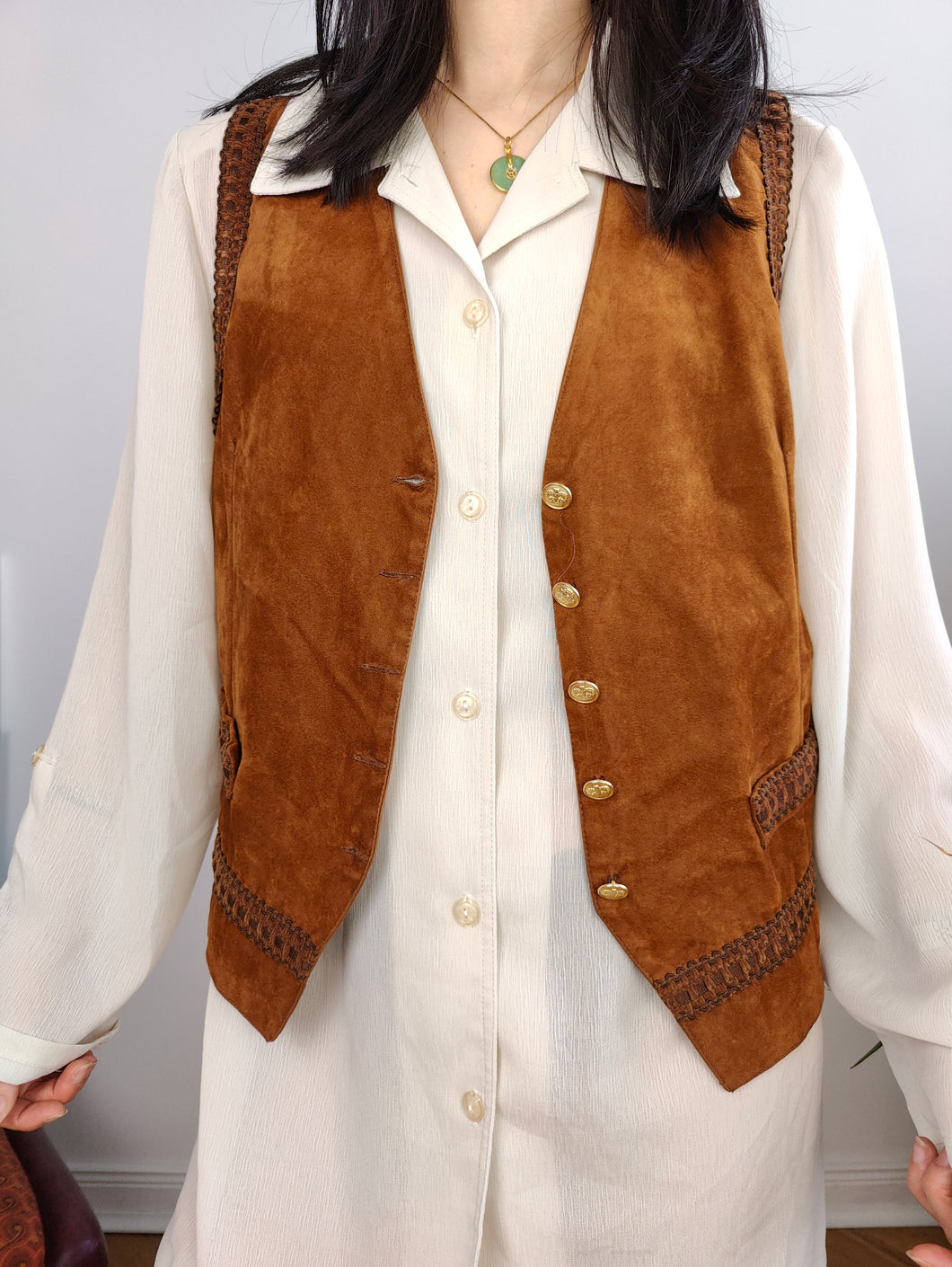 Vintage faux leather sleeveless vest boho brown tan suede waist coat jacket women Caldarell M