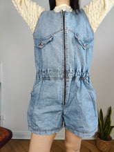 Lade das Bild in den Galerie-Viewer, Vintage Chamber Denim Overall Jeans blau Shorts Jumpsuit Latzhose Stickerei Unisex Herren M
