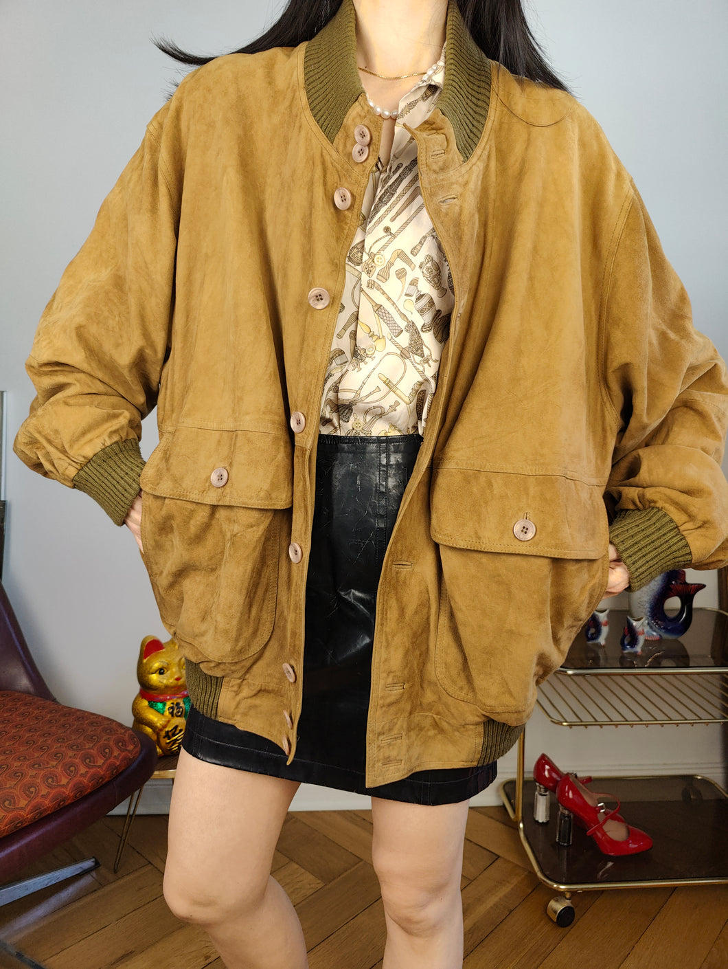 Vintage real suede leather bomber jacket tan brown coat unisex women men L-XL
