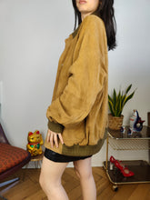 Load image into Gallery viewer, Vintage real suede leather bomber jacket tan brown coat unisex women men L-XL
