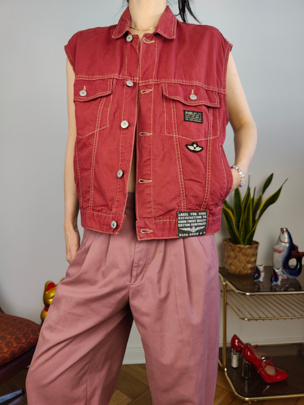 Vintage Mash red denim sleeveless vest waist coat jacket women men unisex M-L