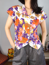 Load image into Gallery viewer, Vintage cotton shirt blouse floral flower print pattern white purple short sleeve top women 48 S-M
