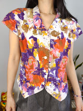 Load image into Gallery viewer, Vintage cotton shirt blouse floral flower print pattern white purple short sleeve top women 48 S-M
