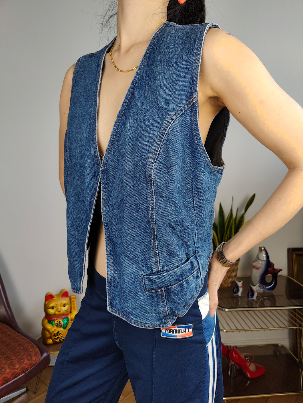 Vintage denim sleeveless vest jeans blue waist coat jacket S-M