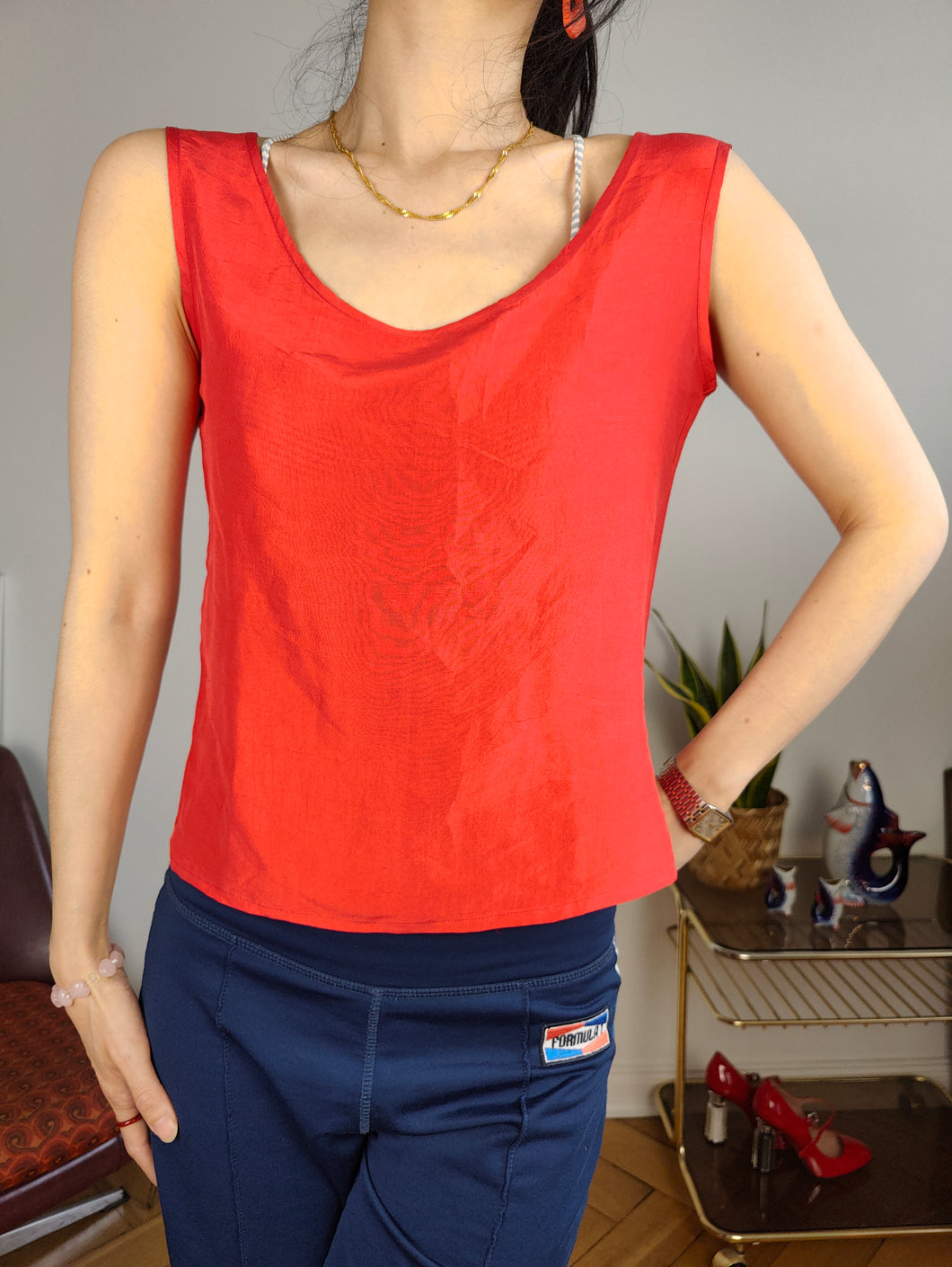 Vintage silk sleeveless tank top blouse vest red women S