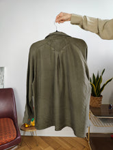 Load image into Gallery viewer, Vintage 100% silk shirt blouse khaki green long sleeve button up plain 38 S-M
