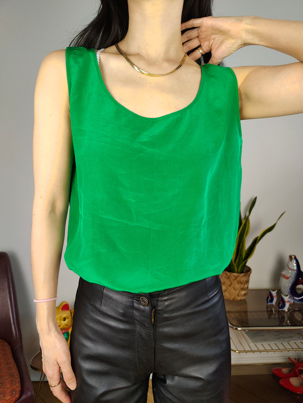 Vintage silk sleeveless tank top blouse vest green women S