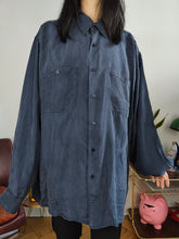 Load image into Gallery viewer, Vintage 100% silk shirt blouse navy blue long sleeve button up plain Papillon women unisex men XL
