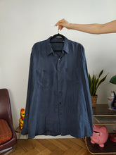 Load image into Gallery viewer, Vintage 100% silk shirt blouse navy blue long sleeve button up plain Papillon women unisex men XL
