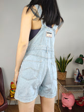 Load image into Gallery viewer, Vintage denim dungaree jeans light blue shorts overall jumpsuit women XS-S
