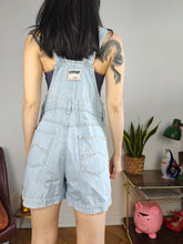 Load image into Gallery viewer, Vintage denim dungaree jeans light blue shorts overall jumpsuit women XS-S
