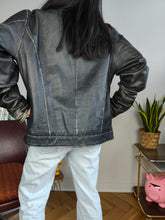 Load image into Gallery viewer, Vintage 100% leather biker jacket black grey moto racing 50 M-L
