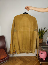 Load image into Gallery viewer, Vintage faux suede leather bomber jacket tan brown coat women unisex men S-M
