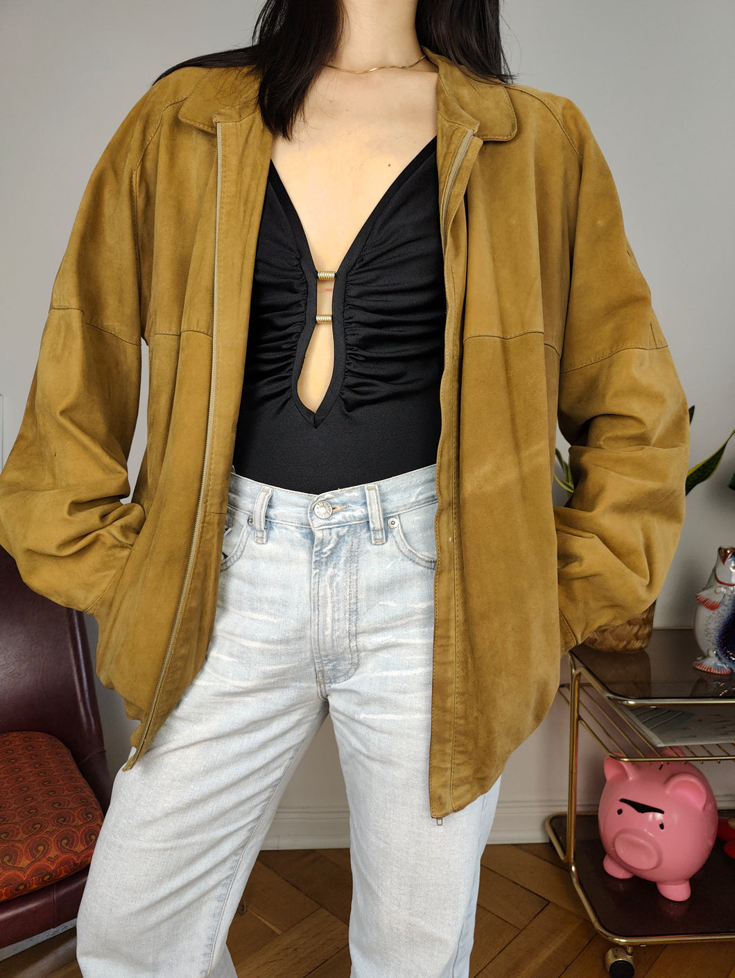 Vintage faux suede leather bomber jacket tan brown coat women unisex men S-M