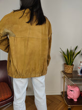 Load image into Gallery viewer, Vintage faux suede leather bomber jacket tan brown coat women unisex men S-M
