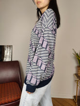 Load image into Gallery viewer, Vintage knit polo collar sweater knitted pullover jumper purple crazy pattern cubes M-L
