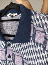 Load image into Gallery viewer, Vintage knit polo collar sweater knitted pullover jumper purple crazy pattern cubes M-L
