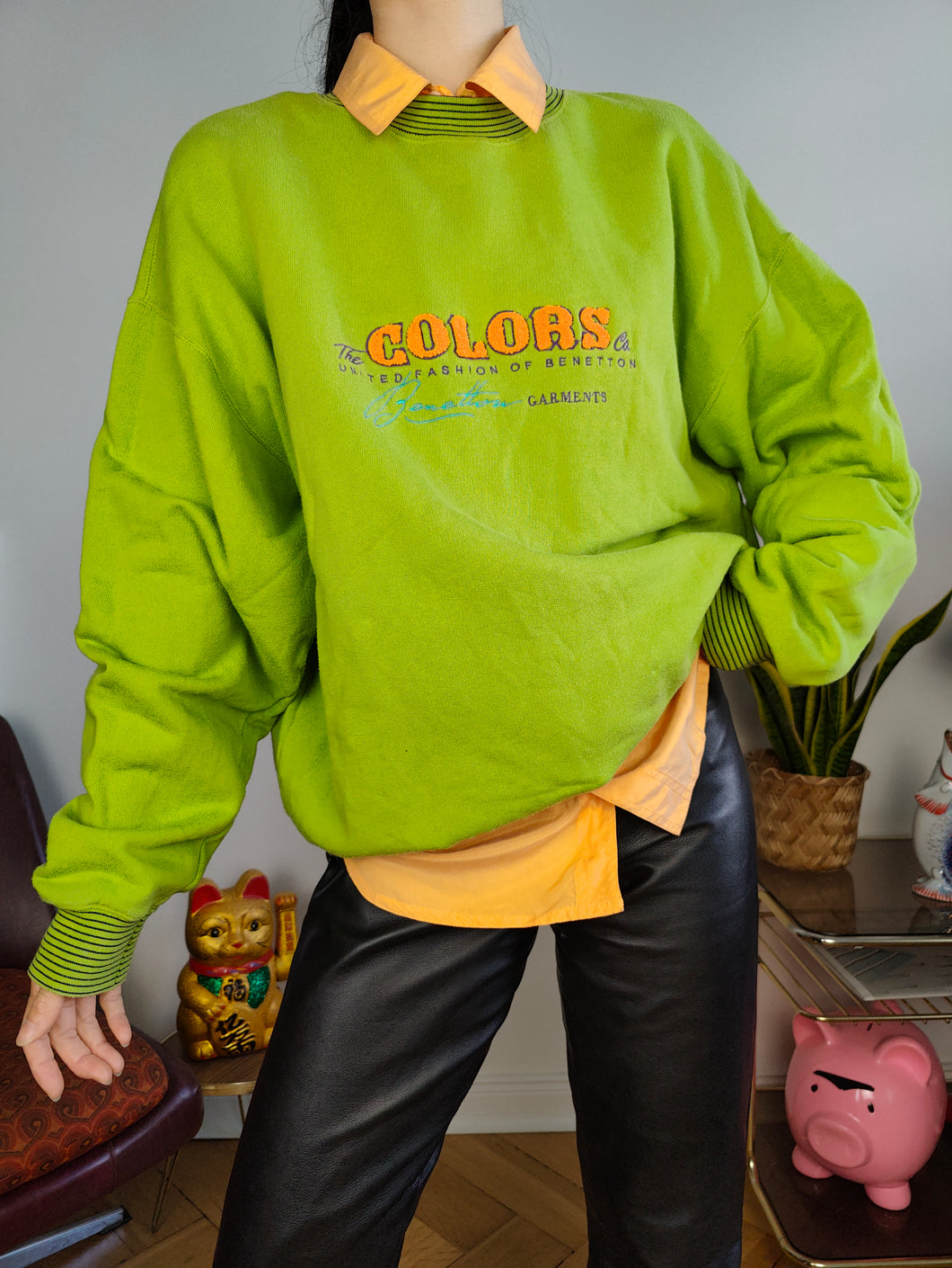 Vintage 80s United Colors of Benetton sweatshirt embroidery lime green sweater pullover jumper L-XL
