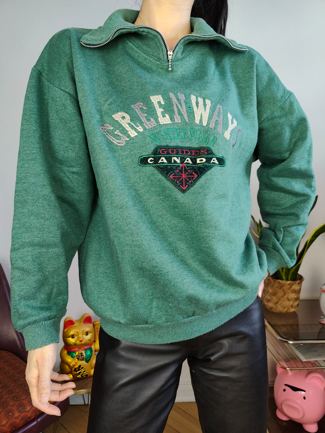 Vintage 90s sweatshirt Greenways Canada embroidery sweater pullover jumper green quarter zip M