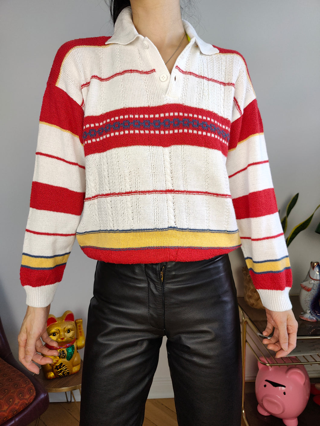 Vintage knit polo collar sweater knitted top pullover jumper white red stripes XS-S