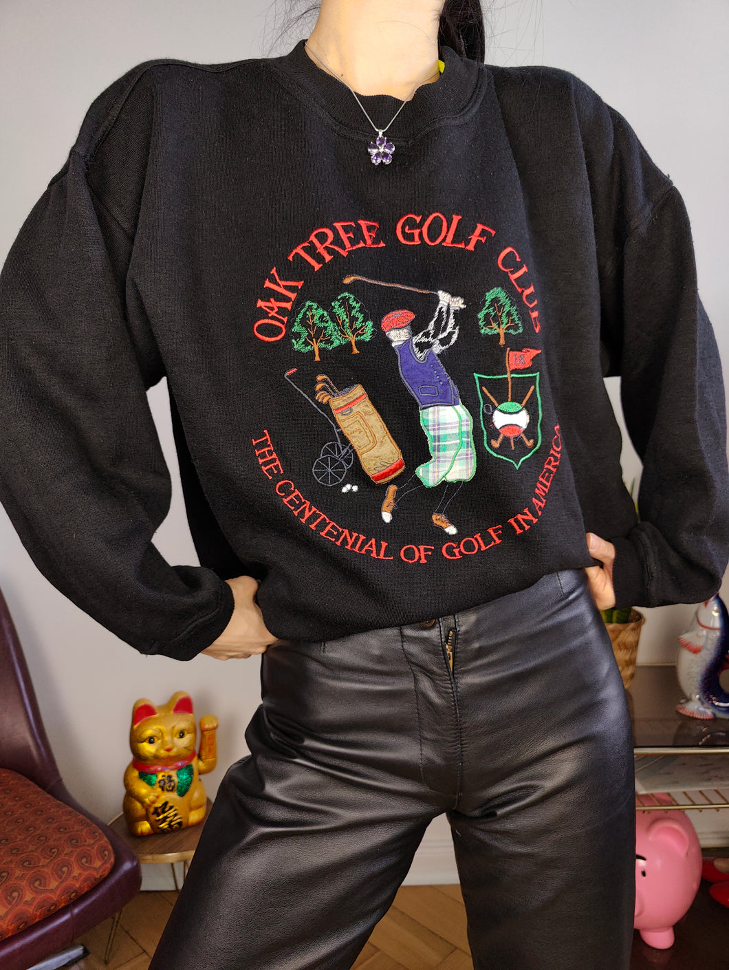 Vintage 90s sweatshirt golf embroidery sport sweater pullover jumper black M