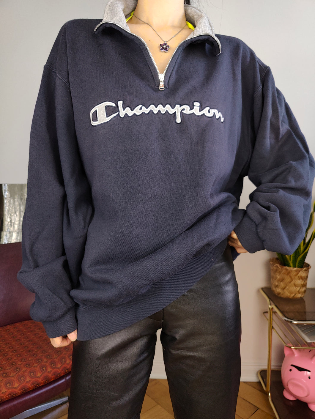 Vintage Champion sweatshirt sport sweater pullover jumper navy blue quarter zip unisex men L-XL