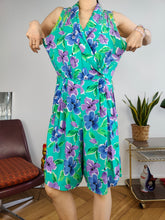 Load image into Gallery viewer, Vintage playsuit shorts floral print pattern turquoise green overall jumpsuit onesie sleeveless S
