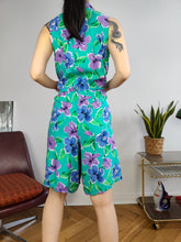 Load image into Gallery viewer, Vintage playsuit shorts floral print pattern turquoise green overall jumpsuit onesie sleeveless S
