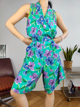 Load image into Gallery viewer, Vintage playsuit shorts floral print pattern turquoise green overall jumpsuit onesie sleeveless S
