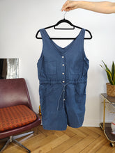 Load image into Gallery viewer, Vintage playsuit cotton shorts overall jumpsuit onesie sleeveless navy blue S
