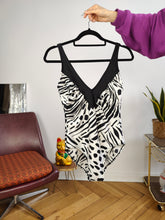 Load image into Gallery viewer, Vintage second hand swimsuit bathing swim wear body top black white animal print pattern M
