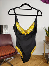 Load image into Gallery viewer, Vintage Christian Dior designer swimsuit bathing swim wear body top black gold baroque 5 L
