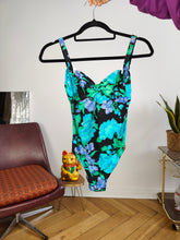 Load image into Gallery viewer, Vintage second hand swimsuit bathing swim wear body top floral flower black blue print pattern S
