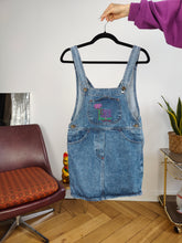 Load image into Gallery viewer, Vintage denim dungaree jeans blue skirt overall jumpsuit embroidery kids or women XS
