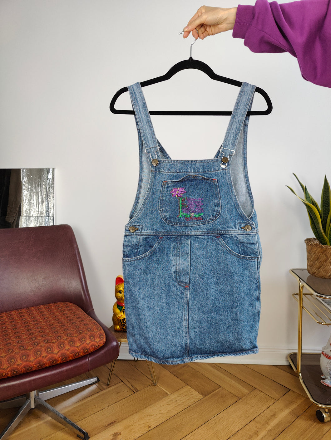 Vintage denim dungaree jeans blue skirt overall jumpsuit embroidery kids or women XS