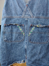 Load image into Gallery viewer, Vintage denim dungaree jeans blue skirt overall jumpsuit embroidery kids or women XS
