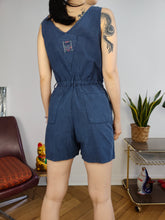 Load image into Gallery viewer, Vintage playsuit cotton shorts overall jumpsuit onesie sleeveless navy blue S
