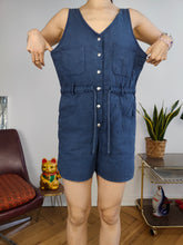 Load image into Gallery viewer, Vintage playsuit cotton shorts overall jumpsuit onesie sleeveless navy blue S
