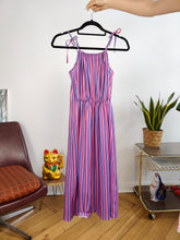 Load image into Gallery viewer, Vintage dress stripes print pattern pink purple spaghetti straps summer S
