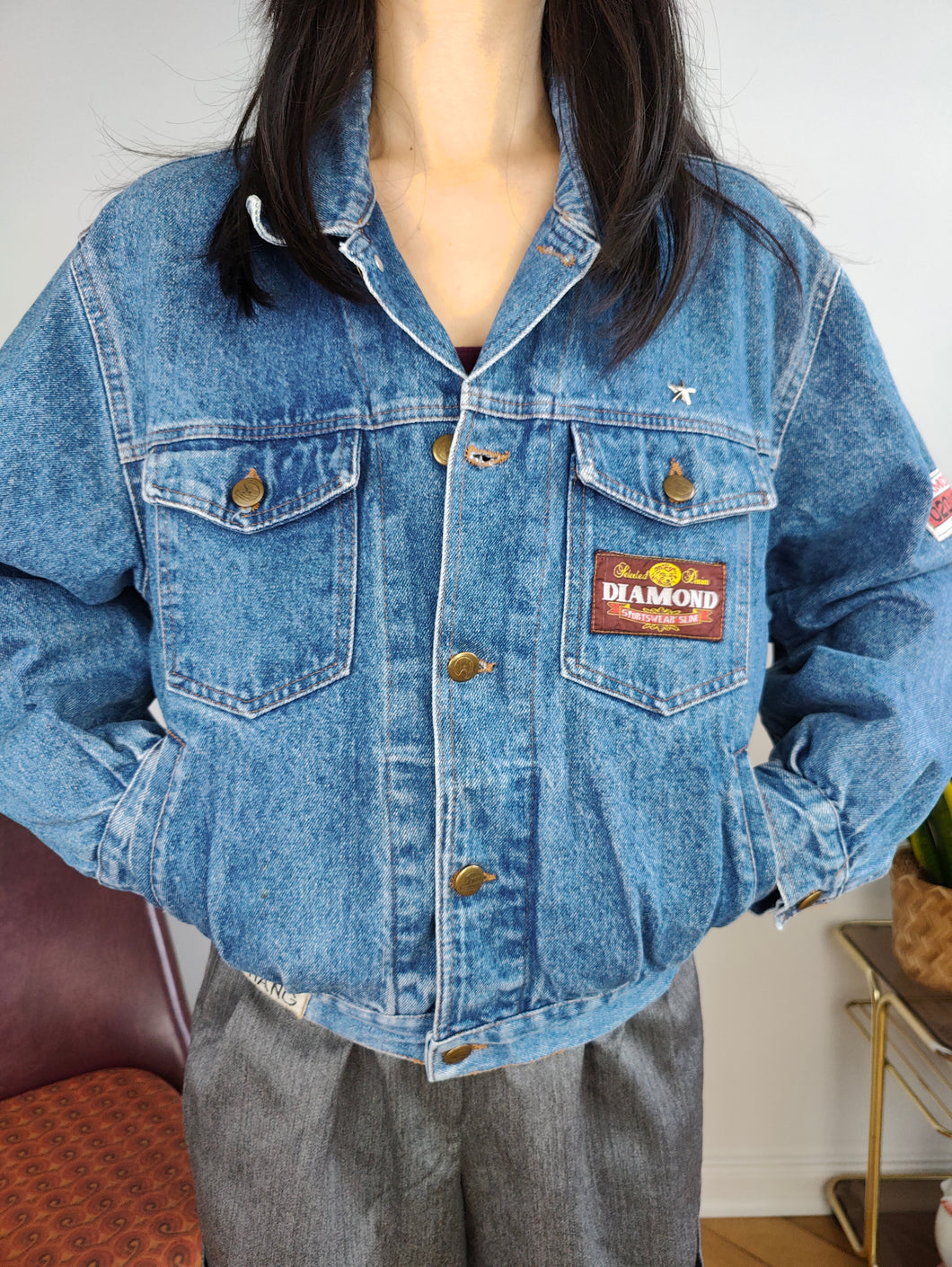 Vintage denim jacket jeans blue short crop Diamond women XS-S