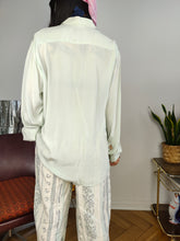 Load image into Gallery viewer, Vintage 100% silk blouse mint green long sleeve button up plain Paolo Celini women 40 S-M
